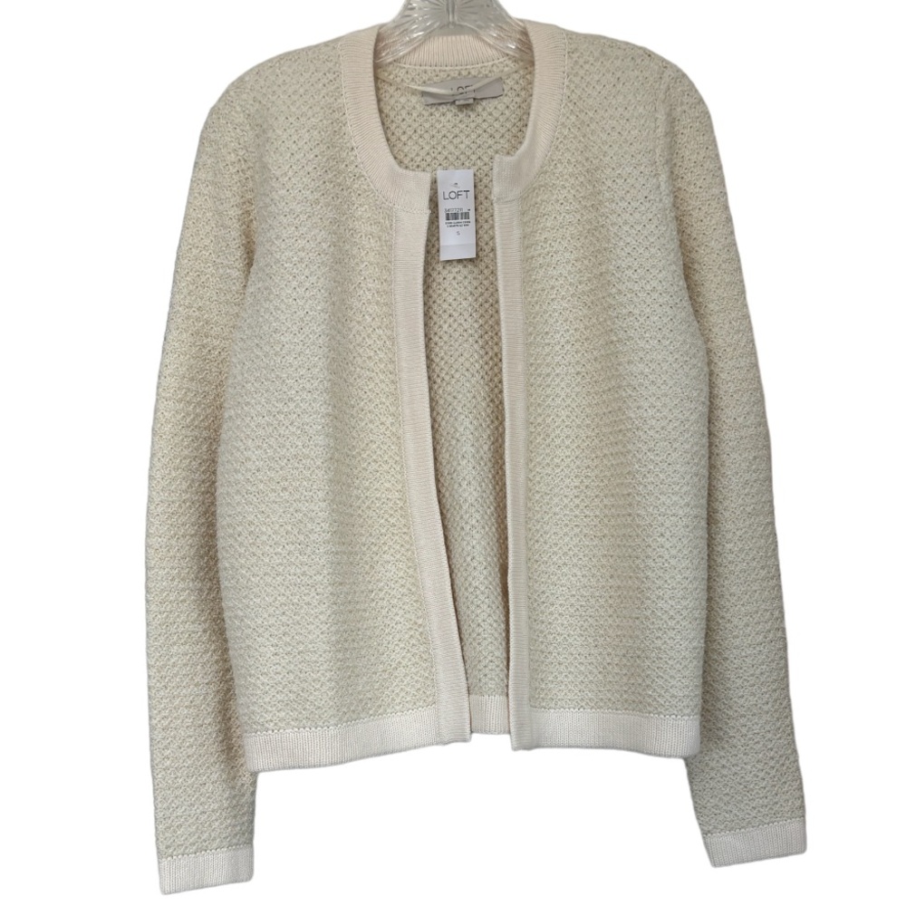 Textured Tweed Open Sweater Knit Jacket Neutral Cream Beige Tan LOFT Size Small - Picture 10 of 13